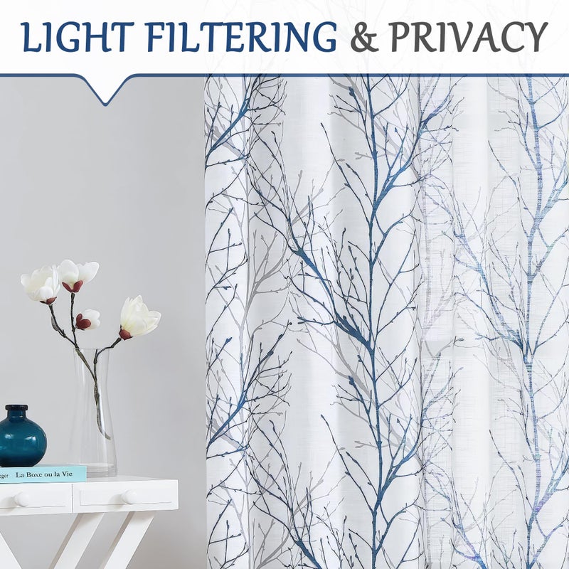 FMFUNCTEX Linen Semi Sheer Curtains for Bedroom, Blue White Curtains 54 Inches Long for Living Room, Grey Tree Branch Patterned Curtain Light Filtering Kitchen Window Drapes, Grommet Top 2 Panels - Image 3